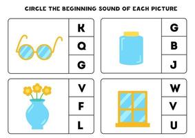 Worksheet for kids. Find the beginning sound of glass objects. vector