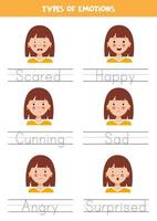 Tracing names of emotions types. Writing practice. vector