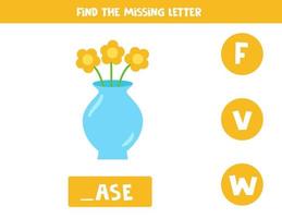 Find missing letter with vase with flowers. Spelling worksheet. vector