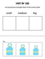 Sort plastic bottles by size. Educational worksheet for kids. vector