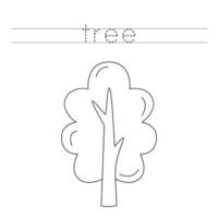 Trace the letters and color cartoon tree. Handwriting practice for kids. vector