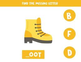 Find missing letter with hiking boot. Spelling worksheet. vector