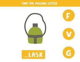 Find missing letter with cartoon flask. Spelling worksheet. vector