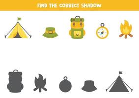 Find the correct shadows of cartoon camping elements. Logical puzzle for kids. vector