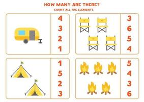 juego de conteo con elementos de camping. hoja de trabajo educativa. vector