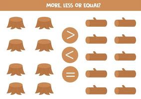 More, less, equal with stumps and logs. Math game. vector