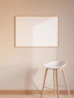 Modern and minimalist horizontal wooden poster or photo frame mockup on the wall in the living room. 3d rendering.