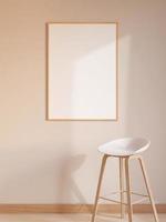 Modern and minimalist vertical wooden poster or photo frame mockup on the wall in the living room. 3d rendering.