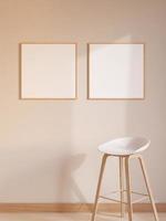 Modern and minimalist square wooden poster or photo frame mockup on the wall in the living room. 3d rendering.