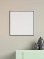 Modern and minimalist square black poster or photo frame mockup on the wall in the living room. 3d rendering.