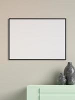 Modern and minimalist horizontal black poster or photo frame mockup on the wall in the living room. 3d rendering.