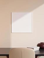 Modern and minimalist square white poster or photo frame mockup on the wall in the living room. 3d rendering.