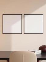 cartel negro cuadrado moderno y minimalista o maqueta de marco de fotos en la pared de la sala de estar. representación 3d