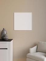 Simple and minimalist square white poster or photo frame mockup on the wall in the living room. 3d rendering.