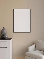 Simple and minimalist vertical black poster or photo frame mockup on the wall in the living room. 3d rendering.