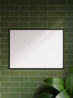 Modern and minimalist horizontal black poster or photo frame mockup on the brick wall in a room with plant and shadow. 3d rendering.