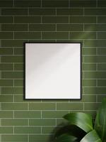 Modern and minimalist square black poster or photo frame mockup on the brick wall in a room with plant and shadow. 3d rendering.