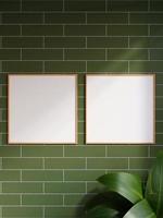 Double modern and minimalist square wooden poster or photo frame mockup on the brick wall in a room with plant and shadow. 3d rendering.