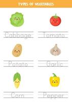 Tracing names of vegetables. Writing practice. vector