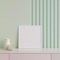 Modern and minimalist square white poster or photo frame mockup on the table in the living room. 3d rendering.
