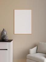 Simple and minimalist vertical wooden poster or photo frame mockup on the wall in the living room. 3d rendering.