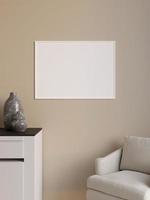 Simple and minimalist horizontal white poster or photo frame mockup on the wall in the living room. 3d rendering.