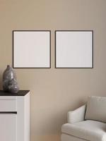 Simple and minimalist square black poster or photo frame mockup on the wall in the living room. 3d rendering.