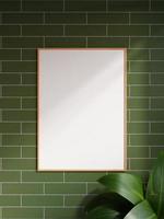 Modern and minimalist vertical wooden poster or photo frame mockup on the brick wall in a room with plant and shadow. 3d rendering.