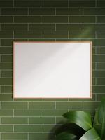 Modern and minimalist horizontal wooden poster or photo frame mockup on the brick wall in a room with plant and shadow. 3d rendering.