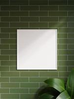 Modern and minimalist square white poster or photo frame mockup on the brick wall in a room with plant and shadow. 3d rendering.