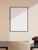 Modern and minimalist vertical black poster or photo frame mockup on the wall in the living room. 3d rendering.