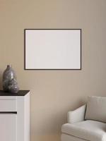 Simple and minimalist horizontal black poster or photo frame mockup on the wall in the living room. 3d rendering.