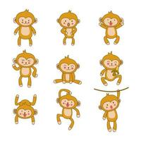 set of cute animal of monkey on cartoon version vector