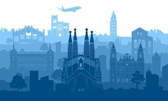 spain famous landmarks by silhouette style vector
