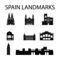 spain famous landmarks by silhouette style vector