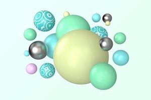 Abstract irregular circle dimensional spheres 3d illustration. Sphere shapes on light green background photo