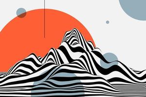 Abstract striped 3d render illustration. Digital optical illusion design. Trendy black and white wave landscape background. Stylish mountain design in the 80s style photo