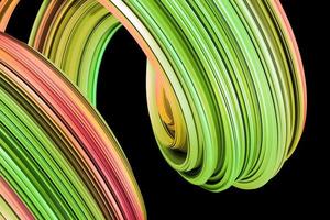 Abstract green twisted brush stroke 3d illustration. Colorful swirl object on black background