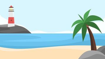 landscape illustration peaceful beach background with blue sea and clear sky, coconut trees, and lighthouse suitable for summer design, vacation, decoration, and more vector