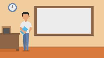 illustration of a teacher teaching in class standing holding a book with a blackboard next to it vector