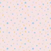 Seamless cute pattern with little rounded stars and moon of different colors. Powder pink background. Vector illustration. Magic fireworks.