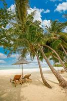 Beautiful tropical island scenery, two sun beds, loungers, umbrella under palm tree. White sand, sea view with horizon, idyllic blue sky, calmness and relaxation. Inspirational beach resort hotel photo