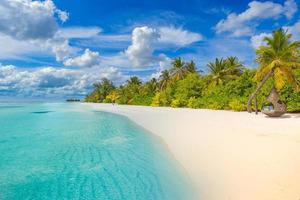 Tropical resort hotel beach paradise. Amazing nature, coast, shore. Summer vacation, travel adventure. Luxury holiday landscape, stunning ocean lagoon, blue sky palm trees. relax idyllic inspire beach photo