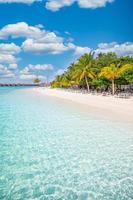 Paradise beach resort with palm trees and straw umbrellas and tropical sea in Maldives island. Summer vacation and tropical beach concept. photo