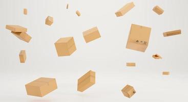 Caja marrón de representación 3d que cae en el fondo blanco, caja de entrega