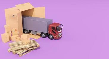 El camión de representación 3d está saliendo de la caja marrón, el concepto logístico y de entrega, la gran caja marrón hace que parezca un almacén rodeado de camiones, palets y cajas foto