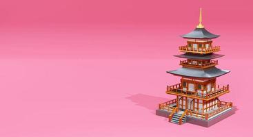Representación 3d del templo japonés sobre fondo de color rojo, tema de Japón y espacio de copia para medios, publicidad y otros foto