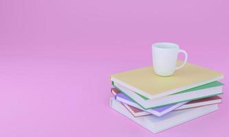 Cup on stack book in pastel pink background , minimal design , 3D rendering photo