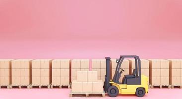 3D rendering forklift transporting on red background and a backdrop row of wooden pallet
