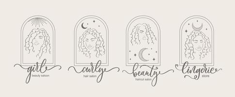 plantilla de diseño de logotipo y concepto de monograma en estilo lineal de moda con chica rizada en arco - marco con espacio de copia para texto o carta - emblema para tienda, salón, belleza y tienda de lencería. vector